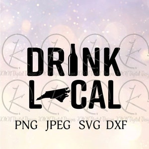 May include: Black and white graphic design with the text "DRINK LOCAL" and an outline of the state of North Carolina. The graphic also includes a beer bottle.