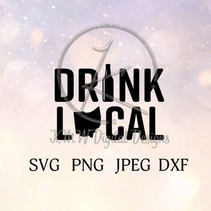 May include: Black and white graphic design with the text "Drink Local" and an outline of the state of Ohio. The graphic includes a bottle of beer.