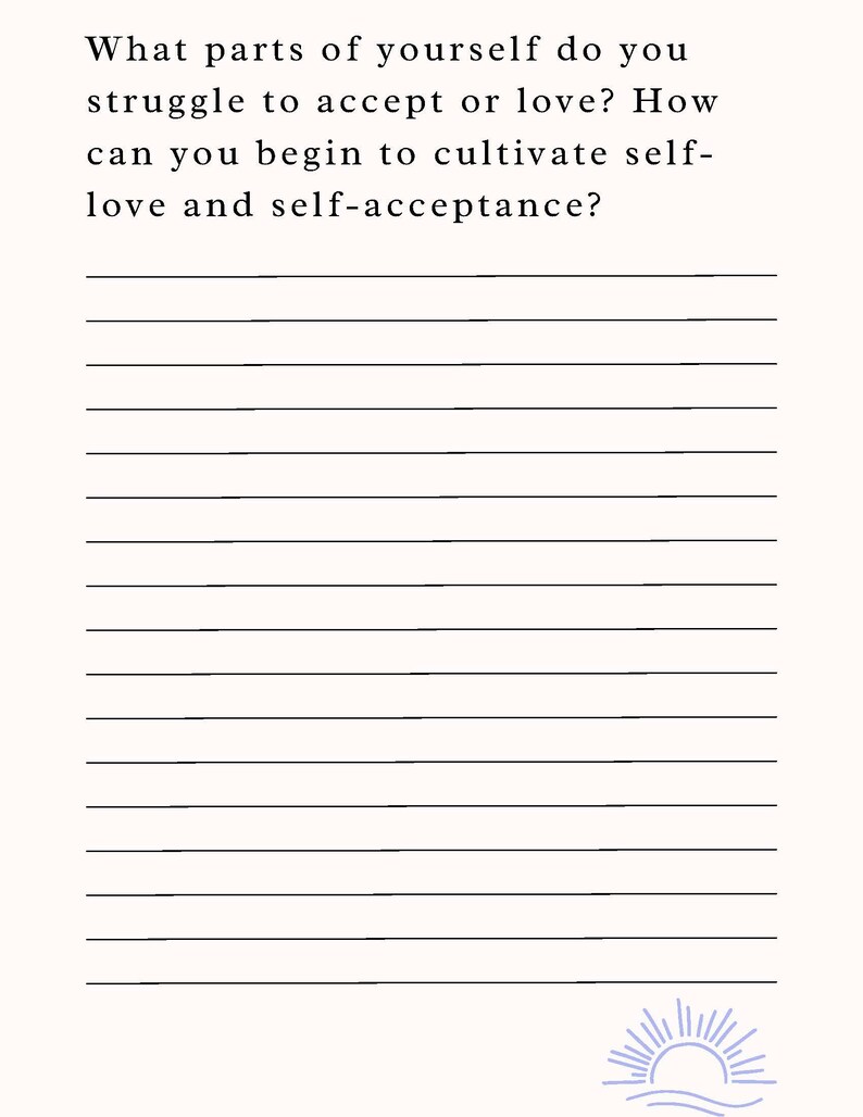 Puede incluir: Una solicitud de diario en blanco y negro que pregunta "&iquest;Qu&eacute; partes de ti mismo te cuesta aceptar o amar? &iquest;C&oacute;mo puedes empezar a cultivar el amor propio y la aceptaci&oacute;n de ti mismo?" con papel rayado para escribir.
