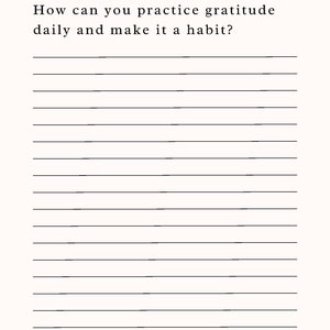 Puede incluir: Una hoja de trabajo imprimible con papel rayado y el texto "&iquest;Cu&aacute;les son tres cosas por las que est&aacute;s agradecido en tu vida ahora mismo? &iquest;C&oacute;mo puedes practicar la gratitud a diario y convertirla en un h&aacute;bito?" en la parte superior. Un sol estilizado con rayos y una ola se encuentra en la parte inferior de la p&aacute;gina.