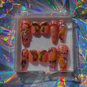 LESBIAN/QUEER FRIENDLY Gel X-Press on Nails | Blush Orange Chrome Butterfly Theme Nail Art with Charms | Long Stiletto Short Square
