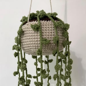May include: A handmade crochet hanging planter with a light tan pot and trailing green vines. The pot is round and filled with a dark brown material. The vines have small, leaf-like details. The planter hangs from a beige string.