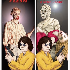 May include: A horror-themed comic book cover with the titles "A Taste of Flesh" and "Mummy". The artwork features a zombie, a mummy, and a person holding a gun. The text "Twice the Terror" and "Double the Danger" are also present.