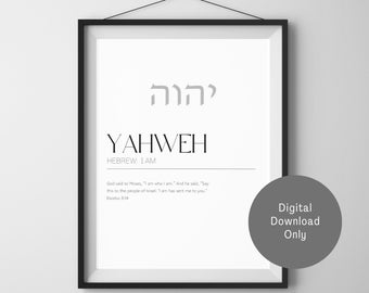 Yahweh Hebrew Name of God Wall Art | Christian Print | I AM design | Exodus 3:14 "I AM Who I AM" | Minimalistic Modern Christian Wall Art