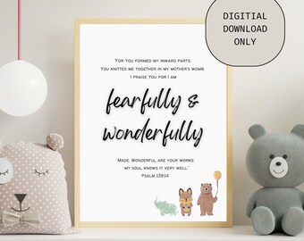 Psalm 139:14 Fearfully and Wonderfully Made Verse Wall Art | Christian Kids Quote | Nursery Wall Art