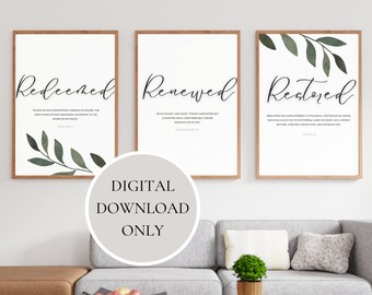 Redeemed, Renewed, Restored 3 Panel Wall Art | Christian Home Decor | Modern Script | Scripture Design