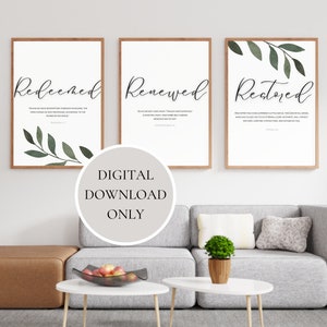 Redeemed, Renewed, Restored 3 Panel Wall Art | Christian Home Decor | Modern Script | Scripture Design