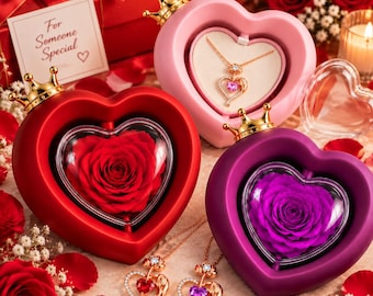 Heart Shaped Necklace With Preserved Rose Box, Romantic Anniversary Keepsake