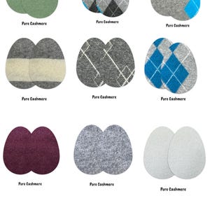 Könnte beinhalten: Neun Paar Cashmere-Ellenbogenpatches in verschiedenen Farben und Mustern, darunter einfarbiges Grün, Grau, Weiß und Burgunderrot sowie Argyle- und Streifenmuster.