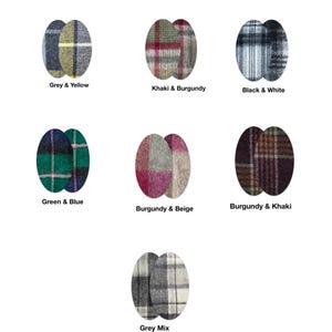 Peut inclure: Présentation de différents échantillons de tissu à motifs écossais. Les couleurs comprennent le gris, le jaune, le kaki, le bordeaux, le noir, le blanc, le vert, le bleu et le beige. Chaque échantillon est étiqueté.