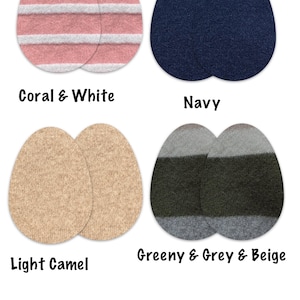 Könnte beinhalten: Das Bild zeigt vier Paare oval geformter Stoffmuster in verschiedenen Farben. Die Muster umfassen korallenfarbene und weiße Streifen, Marineblau, helles Kamel und eine Kombination aus Grün, Grau und Beige. Textbeschriftungen identifizieren jede Farbkombination.