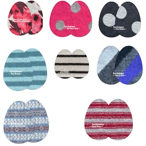 May include: Nine pairs of cashmere elbow patches in various colors and patterns, including coral and cream, hot pink and gray, gray shades, sea breeze, brown and gray, gray and blue, fair isle pattern, and red and gray.