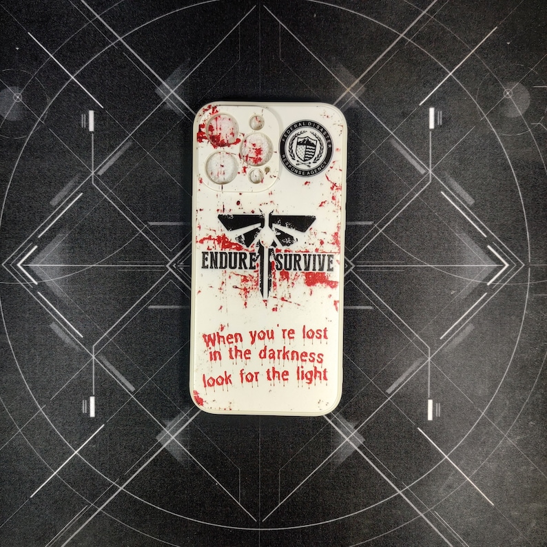 May include: White phone case with a red and black graphic of a firefly with the words "Endure Survive" and the text "When you're lost in the darkness look for the light".