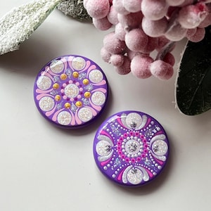 Dot Art Mandala Pink Purple White Fridge Magnets Set of 2 Hand Painted Valentine Magnets Gift, Mandala Dot Art Valentine’s Day Decor