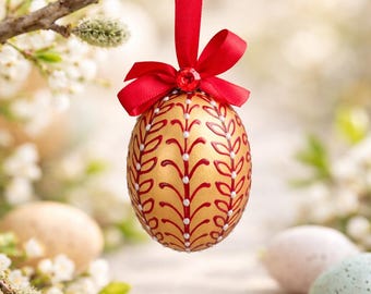 Hand-Painted Floral Wood Easter Egg Ornament, Red and Gold