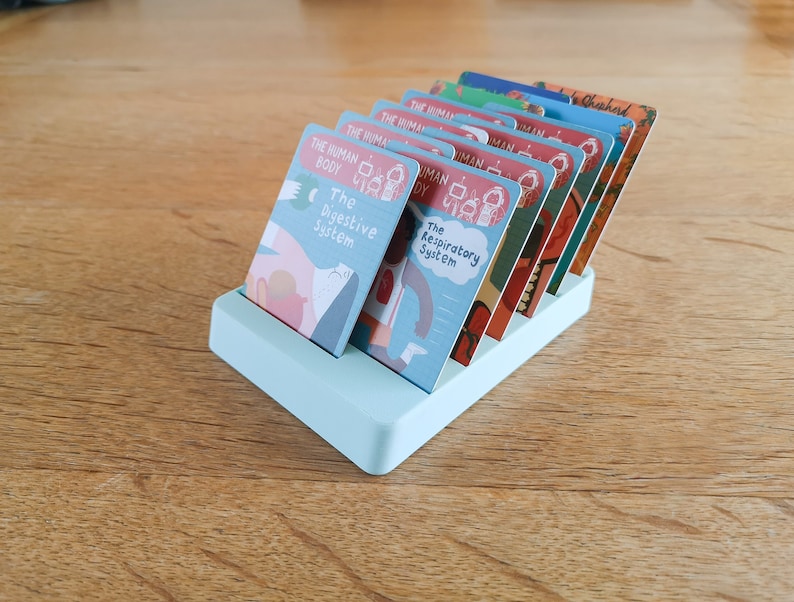 May include: A light blue card holder with a set of colourful cards featuring illustrations of the human body and its systems. The cards include titles like "The Human Body", "The Digestive System", and "The Respiratory System".