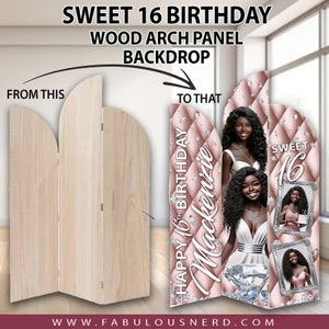 May include: A three-panel wooden arch backdrop decorated with a pink and white diamond pattern. The backdrop features a photo of a young woman with the text "Happy 16th Birthday Mackenzie" and "Sweet 16".
