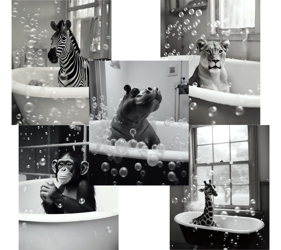Five Animals in Bathtubs Bundle of 5 Funny Bathroom Wall Etsy