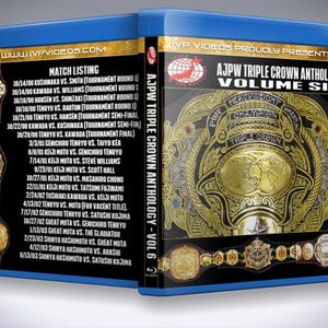 May include: A blue Blu-ray disc case with a gold and black wrestling championship belt on the front. The case features the text "AJPW Triple Crown Anthology - Volume Six" and a list of matches.