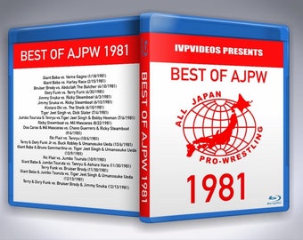 May include: A blue and red DVD case with the text "Best of AJPW 1981" and a logo for All Japan Pro Wrestling. The case features a list of wrestling matches from 1981.