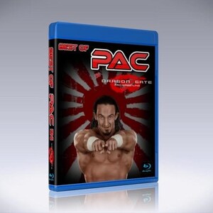 May include: A blue Blu-ray case featuring a wrestling disc titled Best of PAC in Dragon Gate. The cover art displays a wrestler with long dark hair and white wristbands pointing forward against a red and white sunburst background.