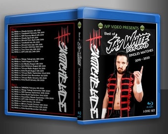May include: Blu-ray disc set titled "Best of Jay White Singles Matches 2019-2020." The cover features a wrestler in a black and red vest. The set includes three discs and a list of match dates.