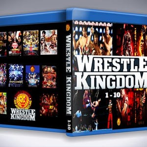 May include: A blue Blu-ray case featuring the title "Wrestle Kingdom 1-10". The cover displays action shots of wrestlers and the logos of the wrestling organization. The back of the case shows multiple smaller images.