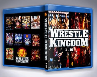 May include: A blue Blu-ray case featuring the title "Wrestle Kingdom 1-10". The cover displays action shots of wrestlers and the logos of the wrestling organization. The back of the case shows multiple smaller images.