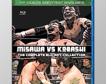 May include: A blue Blu-ray disc case with a picture of two wrestlers on the front. The title of the disc is "MISAWA VS KOBASHI THE COMPLETE BLU-RAY COLLECTION".
