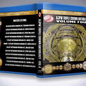 May include: AJPW Triple Crown Anthology Volume Four DVD case with a black background and a gold championship belt design. The DVD case lists the matches included on the DVD, including dates and wrestlers. The text "AJPW Triple Crown Anthology - Vol. 4" is printed on the side of the case.