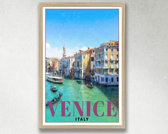 May include: A vintage travel poster featuring a colorful illustration of Venice, Italy. The poster shows a canal with gondolas and buildings along the water. The text "VENICE ITALY" is printed in pink letters at the bottom of the poster.