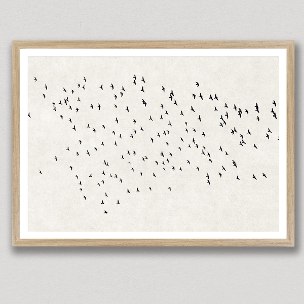 Vögel im Flug, Vogelschwarm, schwarz weiß, Kunstdruck, druckbare Kunst, Zeitgenössische Drucke, Natur Wandkunst, einfache fliegende Vögel