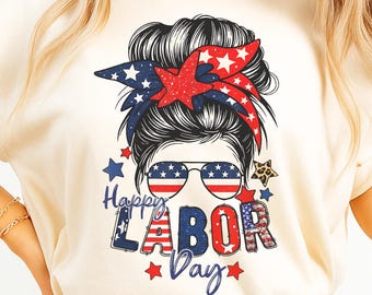 Happy Labor Day T-Shirt for Women, Messy Bun USA Flag Graphic Tee, Patriotic Sunglasses Bandana Shirt, 4th of July Summer Holiday Look
