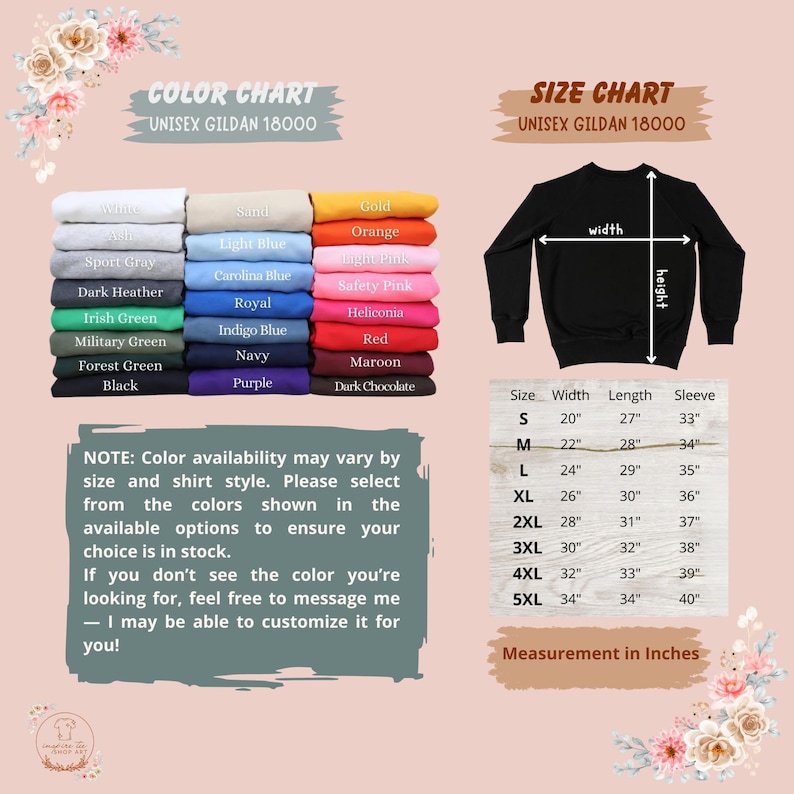 K&ouml;nnte beinhalten: Eine Farbkarte und Gr&ouml;&szlig;entabelle f&uuml;r ein Gildan 18000 Unisex-Sweatshirt. Die Farbkarte zeigt verschiedene Farben, darunter Wei&szlig;, Schwarz und Rot. Die Gr&ouml;&szlig;entabelle zeigt die Ma&szlig;e in Zoll f&uuml;r die Gr&ouml;&szlig;en S bis 5XL. Das Bild enth&auml;lt auch einen Hinweis zur Farbverf&uuml;gbarkeit.