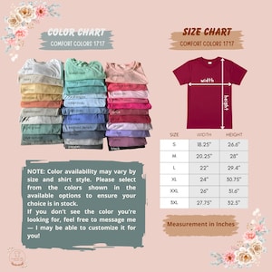 May include: A Comfort Colors 1717 t-shirt colour chart displaying various folded shirt shades including white, ivory, butter, mustard, yam, sandstone, sage, light green, blue spruce, moss, island reef, chalky mint, seafoam, hydrangea, chambray, blue jean, flo blue, washed denim, denim, grey, pepper, peachy, crunch berry, blossom, watermelon, crimson, brick, chili, orchid, violet, berry, and black, alongside a size chart with measurements in inches.