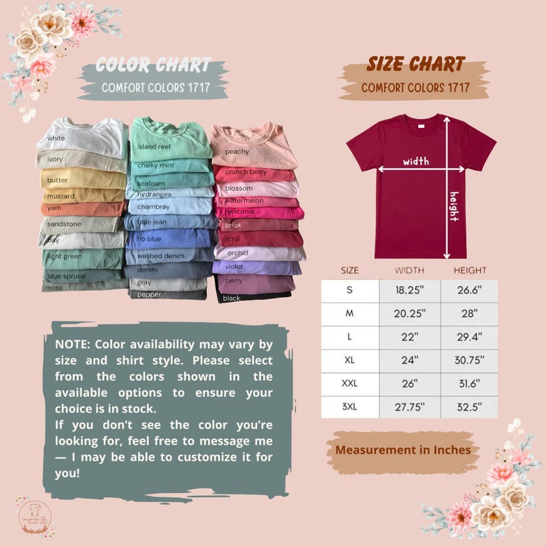 May include: A Comfort Colors 1717 t-shirt colour chart displaying various folded shirt shades including white, ivory, butter, mustard, yam, sandstone, sage, light green, blue spruce, moss, island reef, chalky mint, seafoam, hydrangea, chambray, blue jean, flo blue, washed denim, denim, grey, pepper, peachy, crunch berry, blossom, watermelon, crimson, brick, chili, orchid, violet, berry, and black, alongside a size chart with measurements in inches.