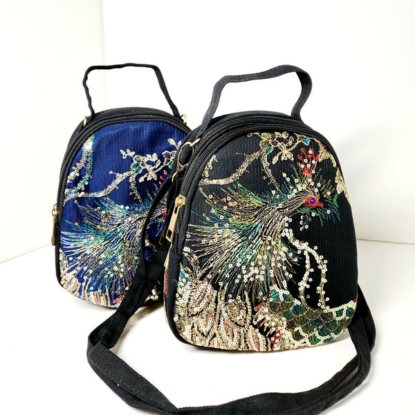 Crossbody 3 Pocket Sequin Embroidered Peacock Design with Headphone Hole Ready Made Next Day Ship