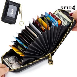 RFID-Kreditkartenhalter aus Leder mit EINZELNER Brieftasche mit Reißverschluss und Fenster für den Ausweis
