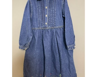 Vintage Ladybird Girls Embroidered 100% Cotton Denim Cottagecore Prairie Retro Dress - Size 7-8