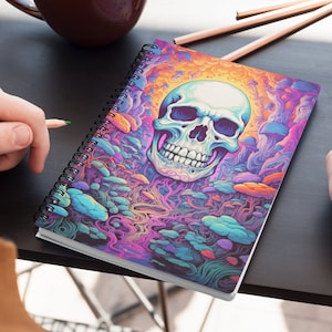 Colorful Psychedelic Skull Spiral Notebook with Mushroom artwork