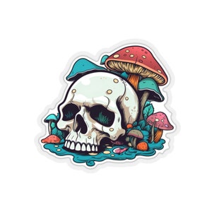 White Skull with Mushrooms, vinyl sticker gift for him outdoor sticker decal kiss cut water bottle sticker laptop
