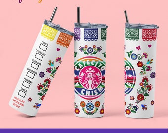 Cafecito Y Chisme 20oz Skinny Tumbler, Colorful Mexican Theme Personalized Chula, Chismosa, Carbon, Chingona, Perrona, Toxica, Latinx Cup