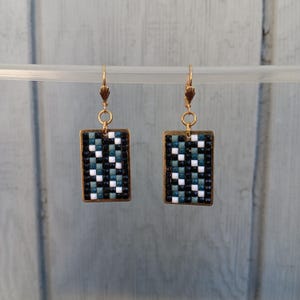 Gold Rectangle Drop Earrings with a Black, White and Gray Diagonal Mosaic framed in Black