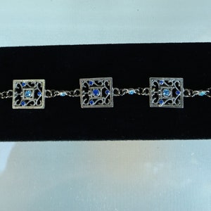 Antique Silver bracelet with Filigree rectangles with light and dark Blue rhinestones