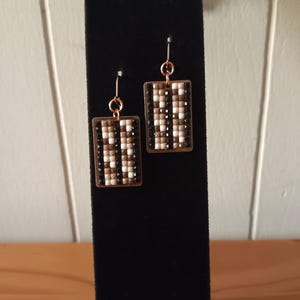 Copper Rectangle Drop Earrings with a Brown Diagonal Mosaic framed in Black