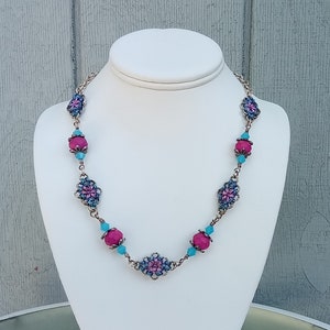 20&quot; Antique Silver, Light Blue and Pink Japanese Lace diamonds with vibrant Light Blue and Dark Pink bead connectors