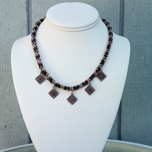 18” 6mm Black and Silver Byzantine chain with Antique Silver diamond drops with Red rhinestones