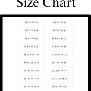 May include: A black and white size chart with the text "Size Chart" at the top. The chart displays shoe sizes, with male and female sizes listed in corresponding rows and columns. The chart includes sizes from M6/W7.5 to M18/W19.5.