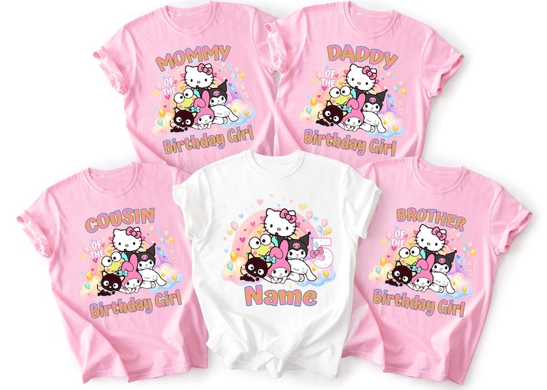 May include: Pink and white t-shirts with cartoon characters and text. The pink shirts say "Mommy", "Daddy", "Cousin", and "Brother" of the Birthday Girl. The white shirt says "Name" and "Birthday Girl".