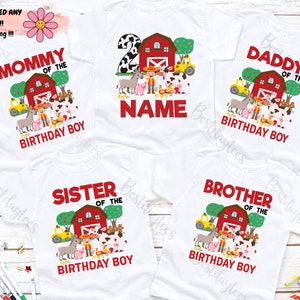 May include: Set of four white t-shirts with a farm theme. The shirts say "Mommy of the Birthday Boy", "Daddy of the Birthday Boy", "Sister of the Birthday Boy", and "Brother of the Birthday Boy".